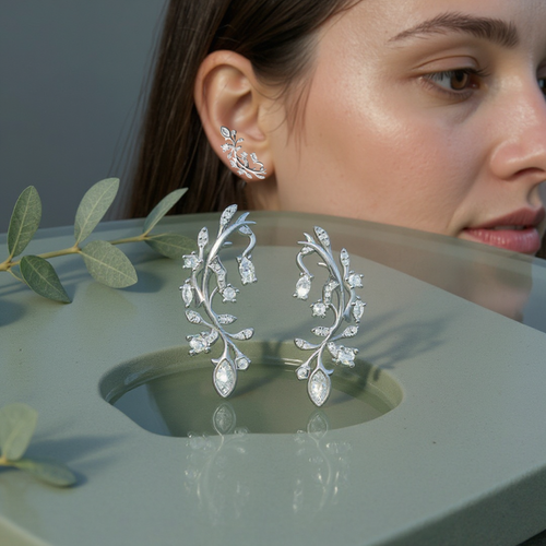 ChriSONGS Earrings – Leaf Vine Cubic Zirconia Stud Earrings with Teardrop Drop (925 Silver Post)